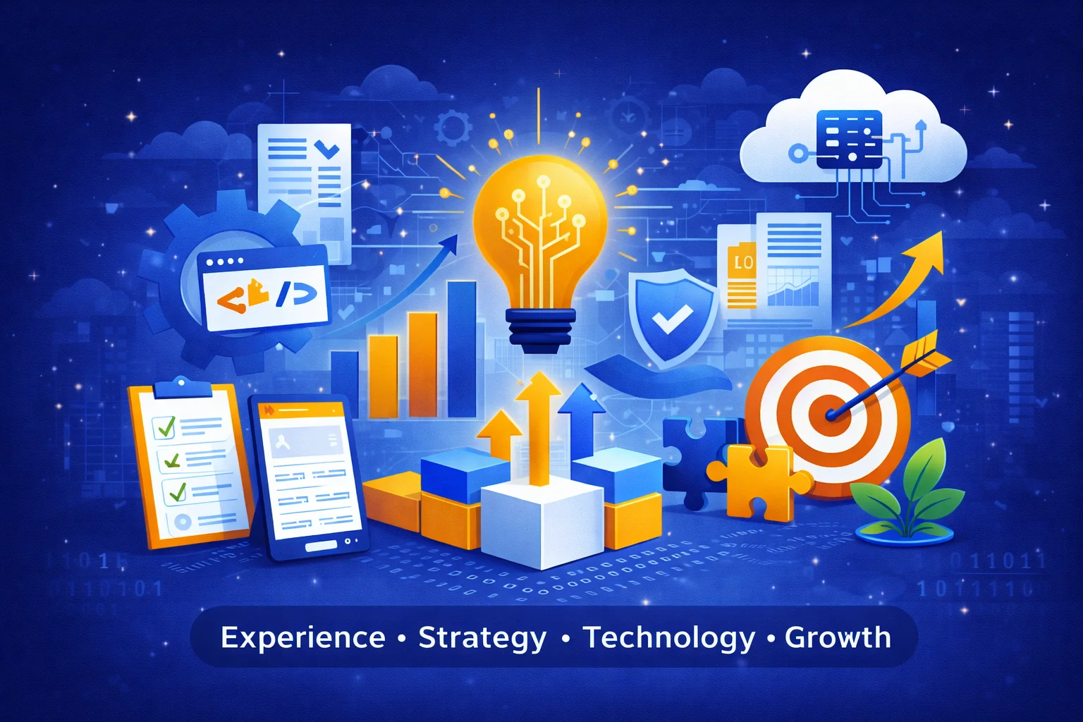 Custom software development strategy illustration with analytics dashboards, cloud integration, coding tools, and business growth targets.