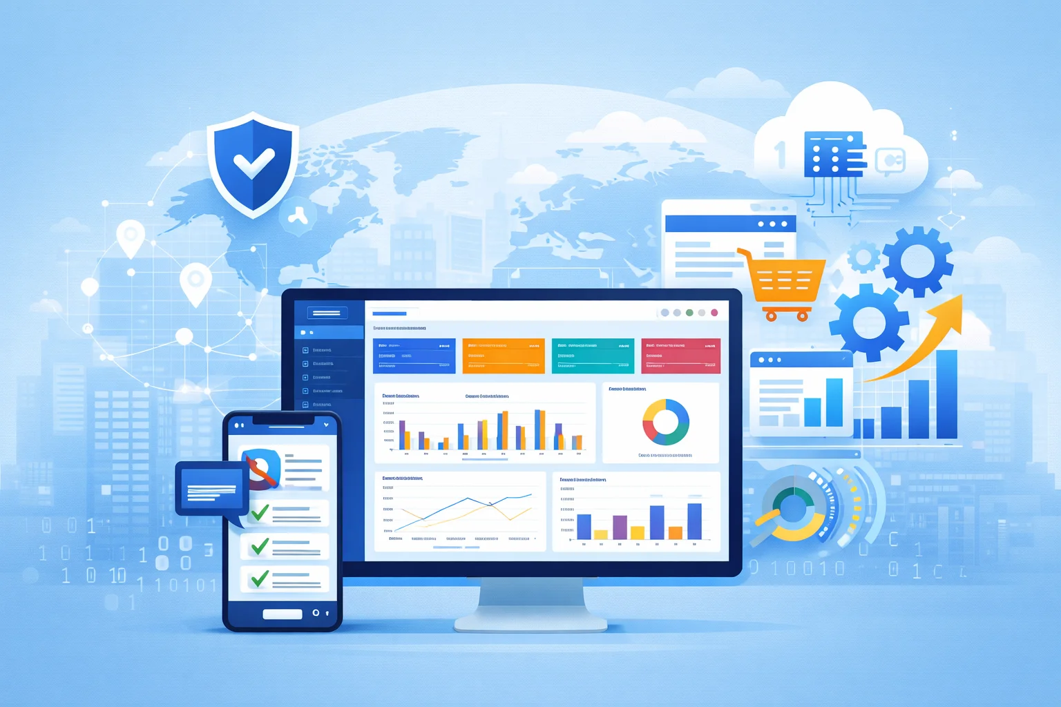 Custom software development dashboard showing analytics, cloud integration, mobile app interface, and business automation tools.
